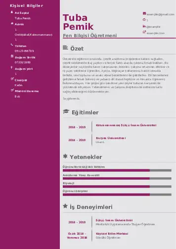Fen Bilgisi Öğretmeni CV Örnekleri cv indir